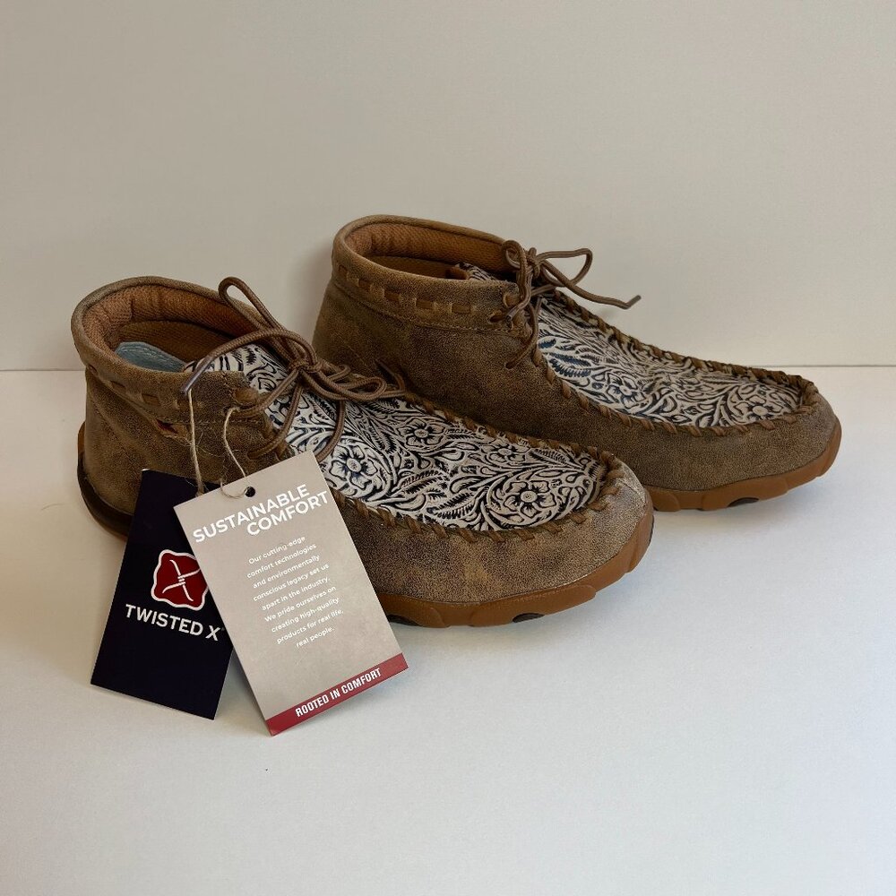 Twisted X Womens Brown Floral Tooled Leather Chukka Driving Moccasins